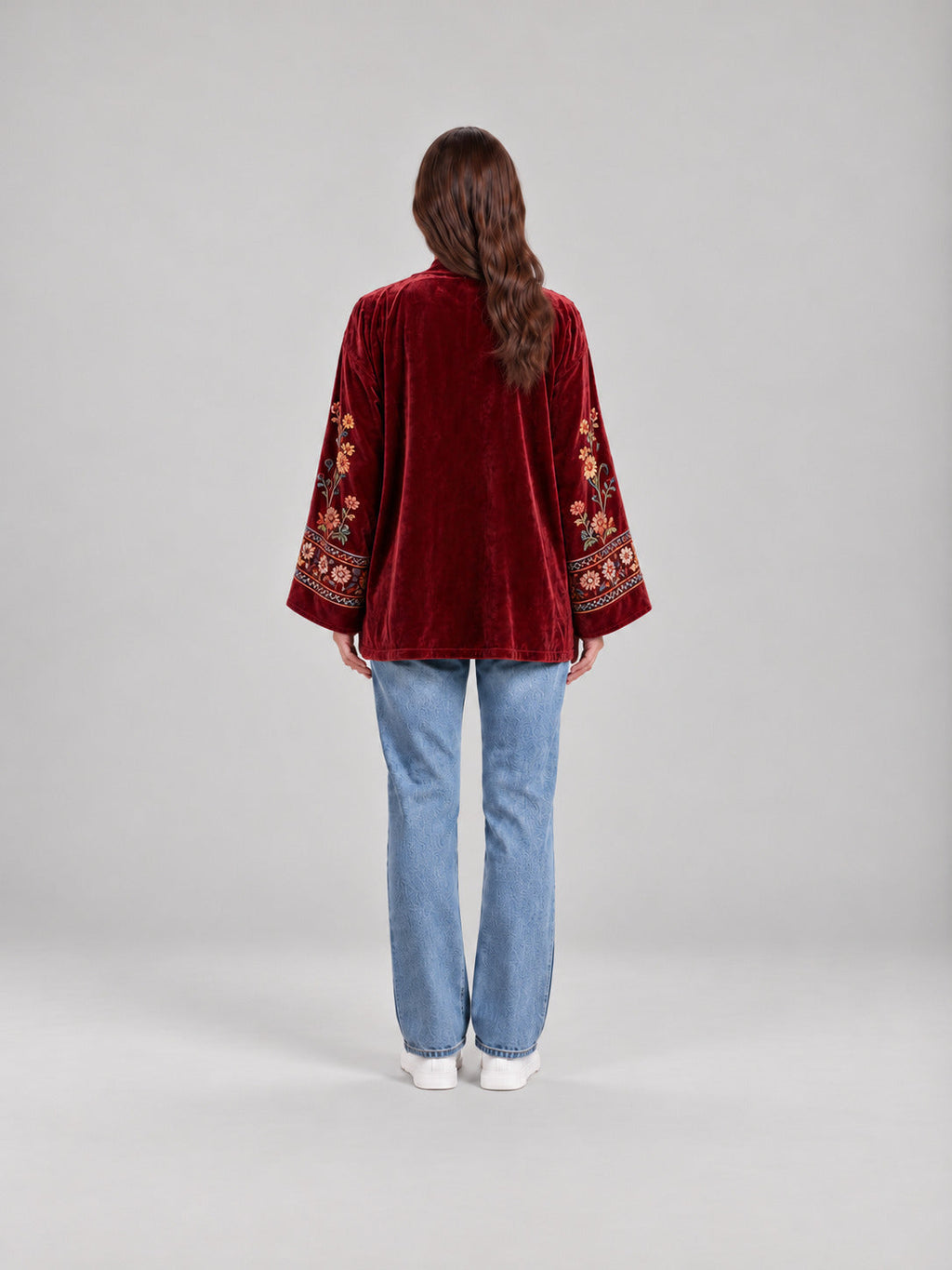 Anika | Damowa aksamitna kurtka w stylu boho z nadrukiem i szerokimi rękawami