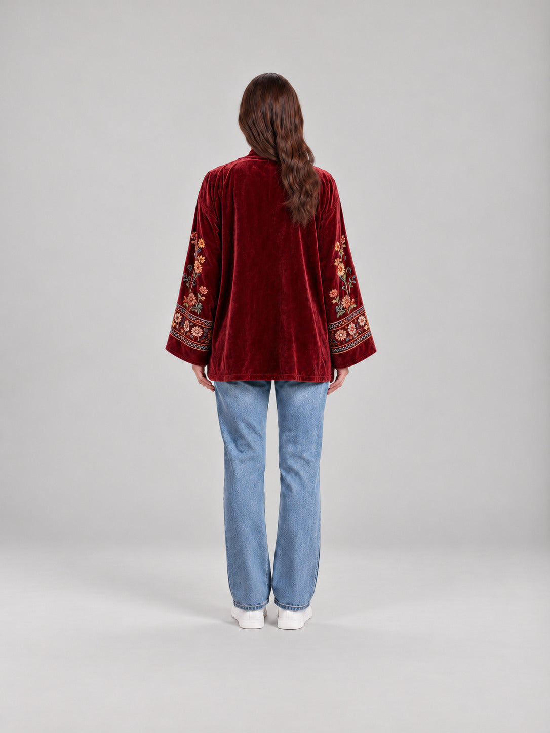 Anika | Damowa aksamitna kurtka w stylu boho z nadrukiem i szerokimi rękawami