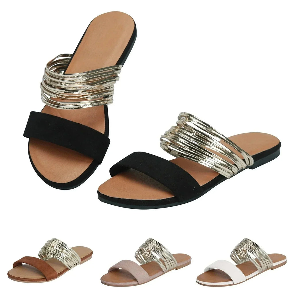 Wrenna | Damskie sandały płaskie – eleganckie sandały z metalicznymi paskami