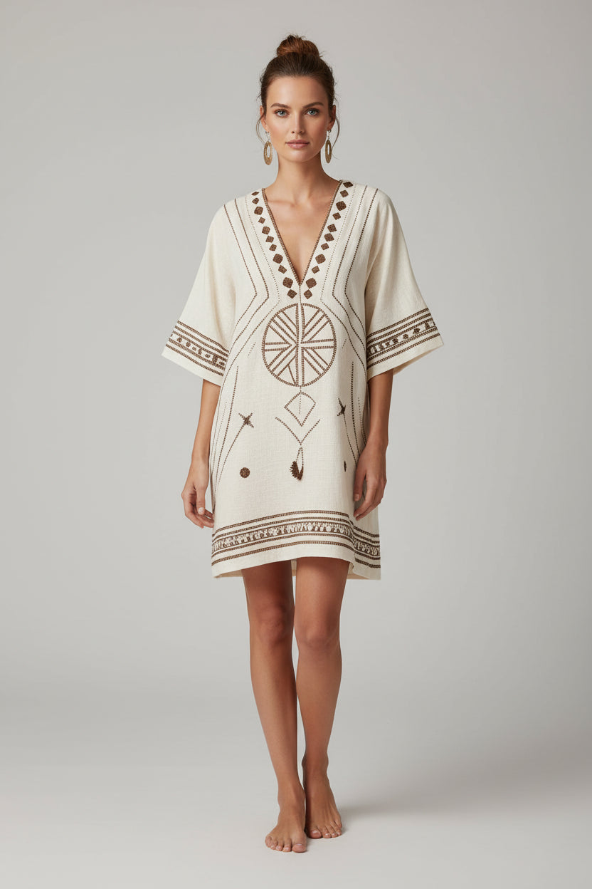 Damska mini sukienka boho z haftem – zwiewna, zwiewna, letnia, plażowa