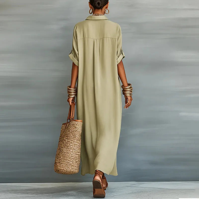 Ginevella | Damska, zwiewna sukienka koszulowa w stylu maxi – elegancka sukienka zapinana na guziki