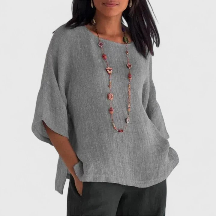 Iseloria | Women's cotton and linen blouse – loose fit, round neckline