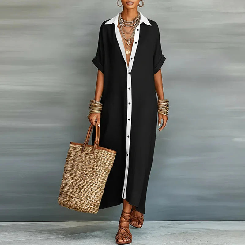 Ginevella | Damska, zwiewna sukienka koszulowa w stylu maxi – elegancka sukienka zapinana na guziki