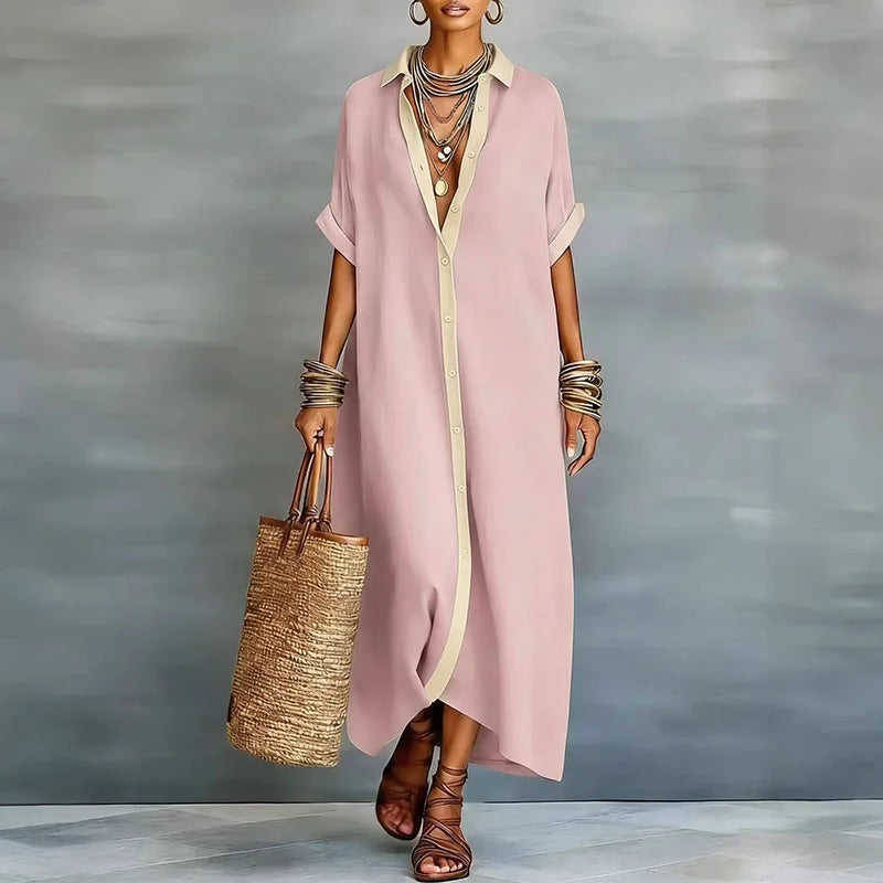 Ginevella | Damska, zwiewna sukienka koszulowa w stylu maxi – elegancka sukienka zapinana na guziki