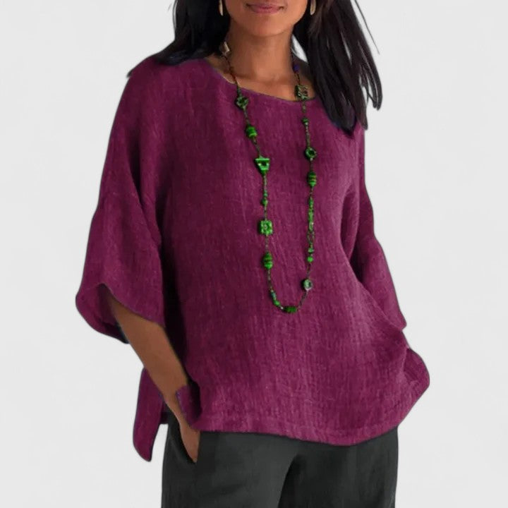 Iseloria | Women's cotton and linen blouse – loose fit, round neckline