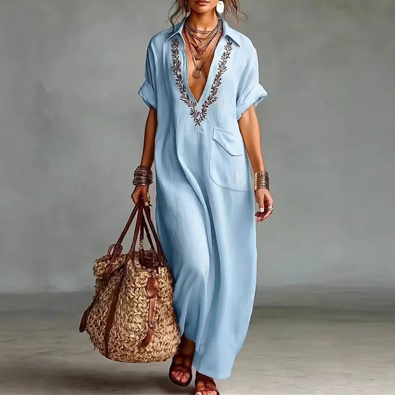 Maristelle | Damska sukienka maxi w stylu boho – z nadrukiem, dekoltem w serek i krótkimi rękawami