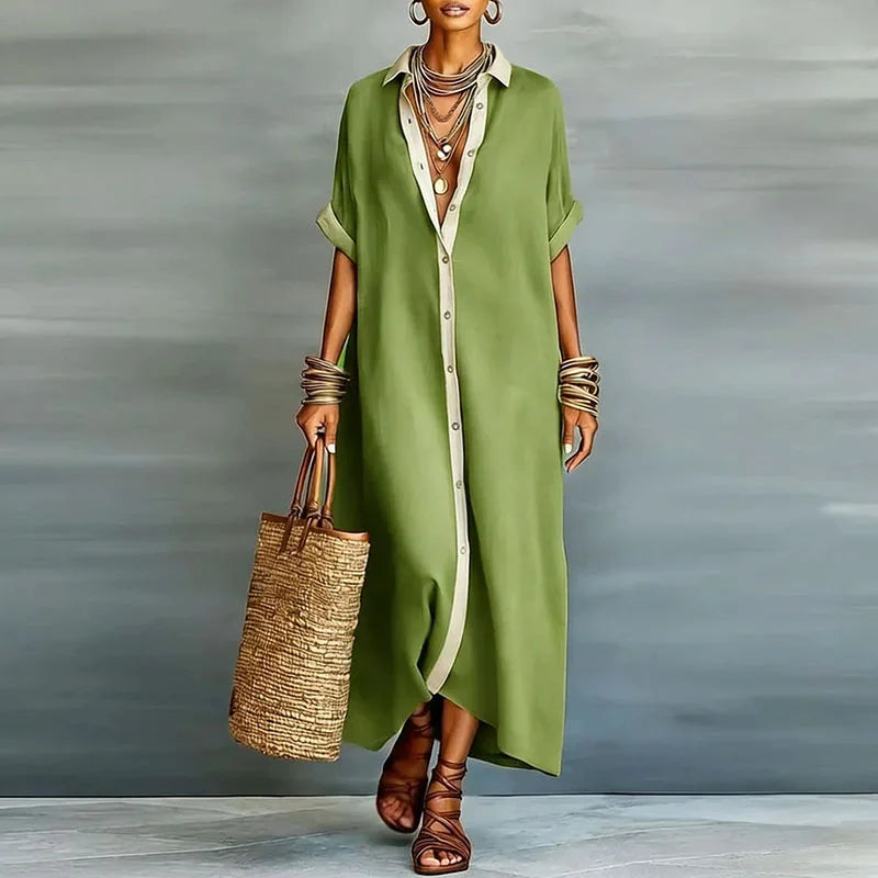 Ginevella | Damska, zwiewna sukienka koszulowa w stylu maxi – elegancka sukienka zapinana na guziki