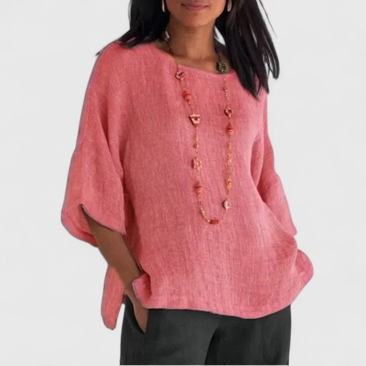 Iseloria | Women's cotton and linen blouse – loose fit, round neckline