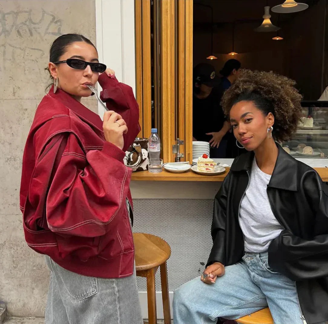 Maxine | Damska kurtka skórzana w stylu oversize – swobodny płaszcz z miękkiej skóry imitowanej
