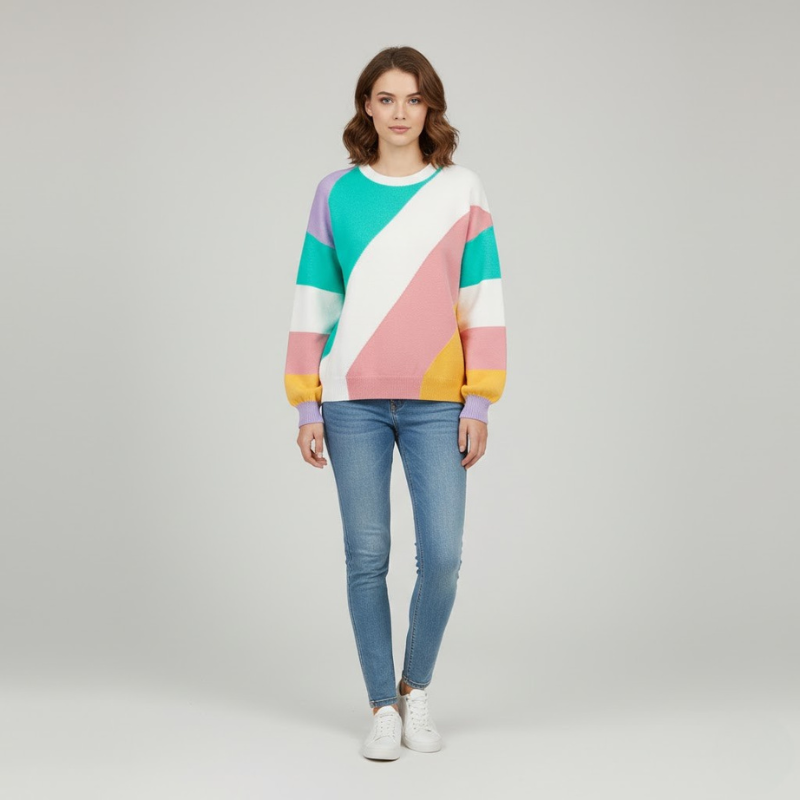 Damski sweter w paski z blokami kolorów – przytulny styl na co dzień