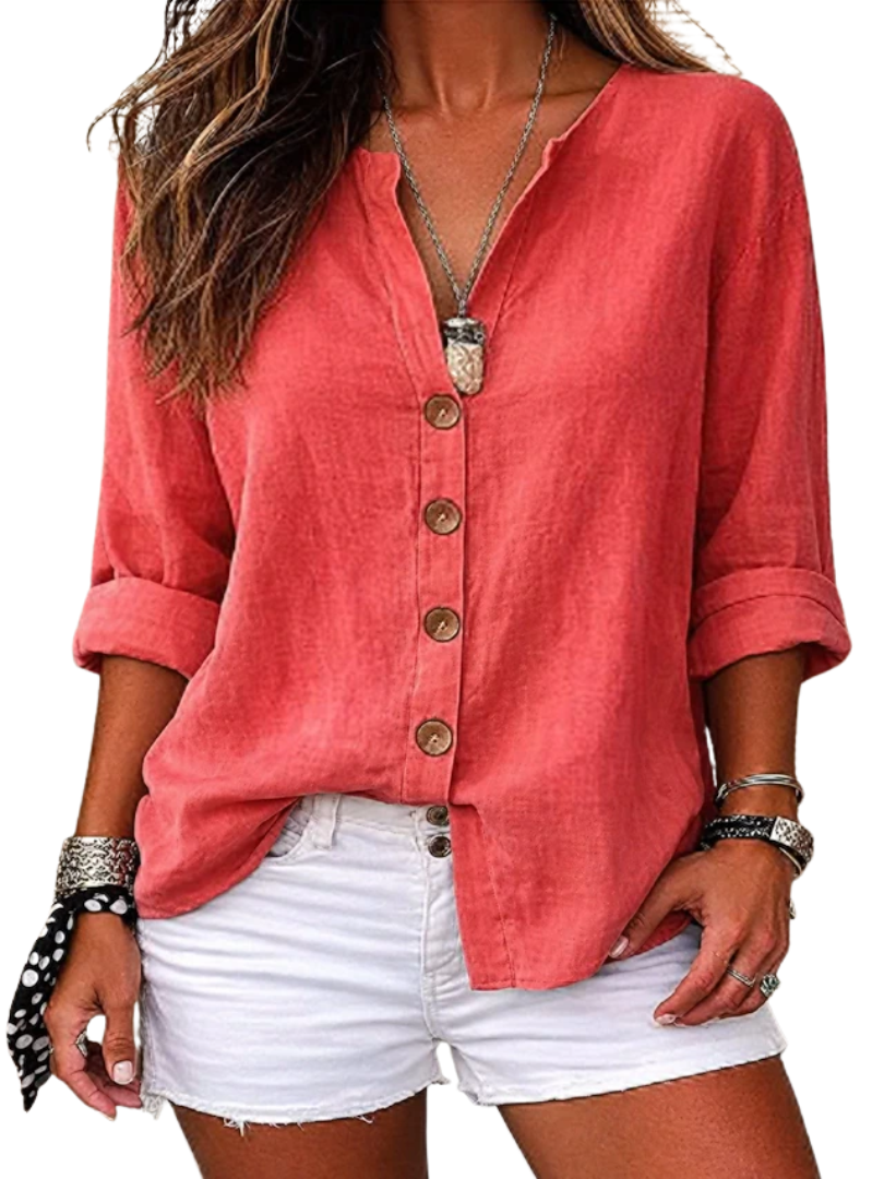 Valoria | Women's loose linen V-neck blouse – long sleeve