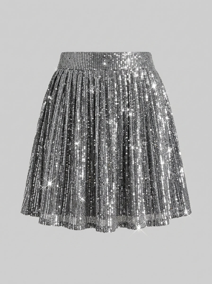 Faelith | Dames Skort met Pailletten – Uitlopende Minirok met Hoge Taille en Zakjes