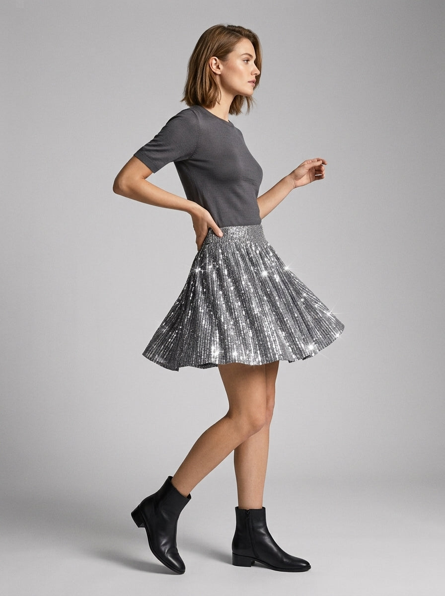 Faelith | Dames Skort met Pailletten – Uitlopende Minirok met Hoge Taille en Zakjes