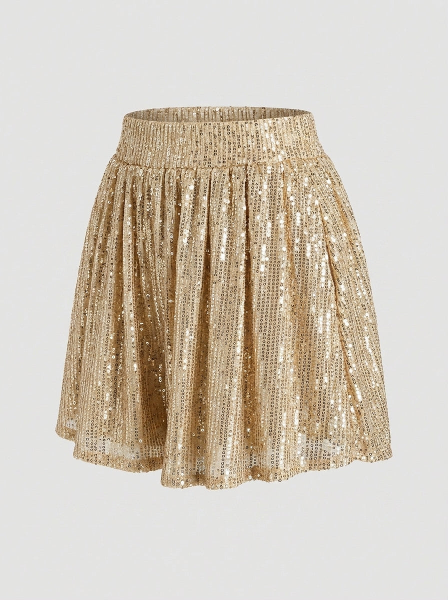 Faelith | Dames Skort met Pailletten – Uitlopende Minirok met Hoge Taille en Zakjes