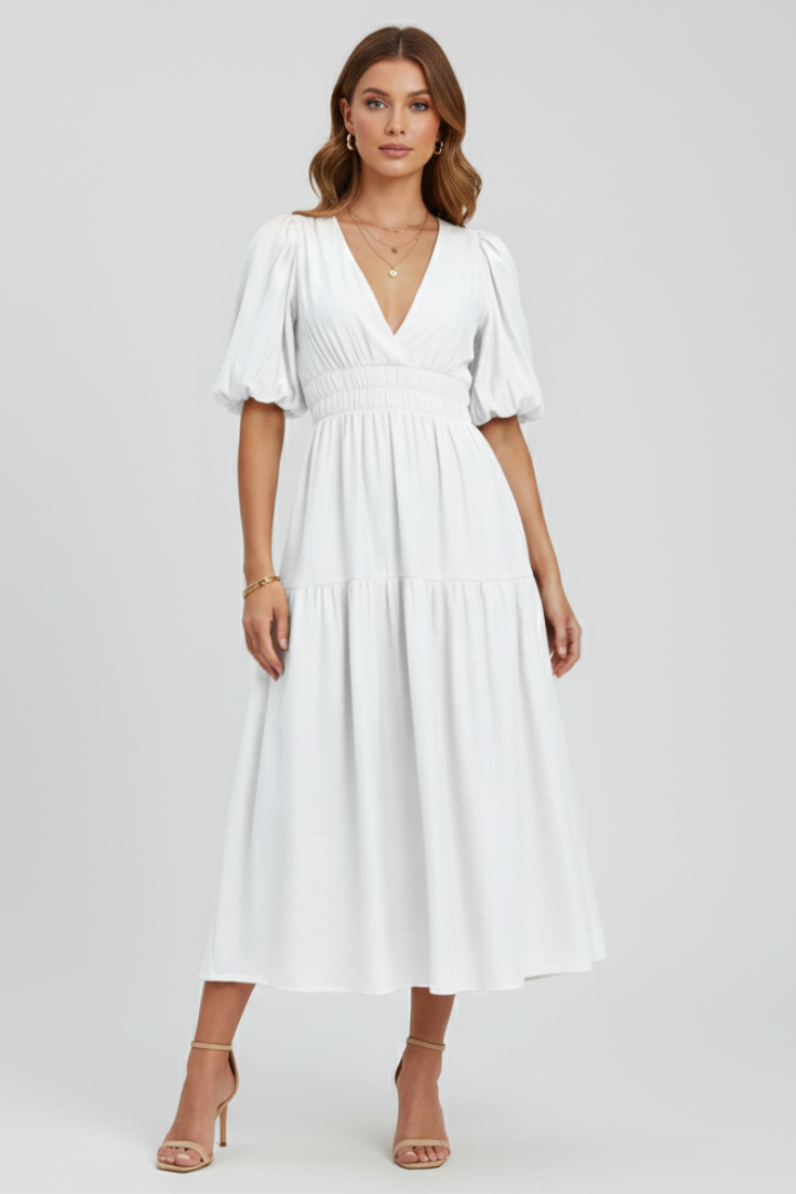 Stefania | Elegant Women's Midi Dress – A-Line, V-Neck, Puffy Sleeves
