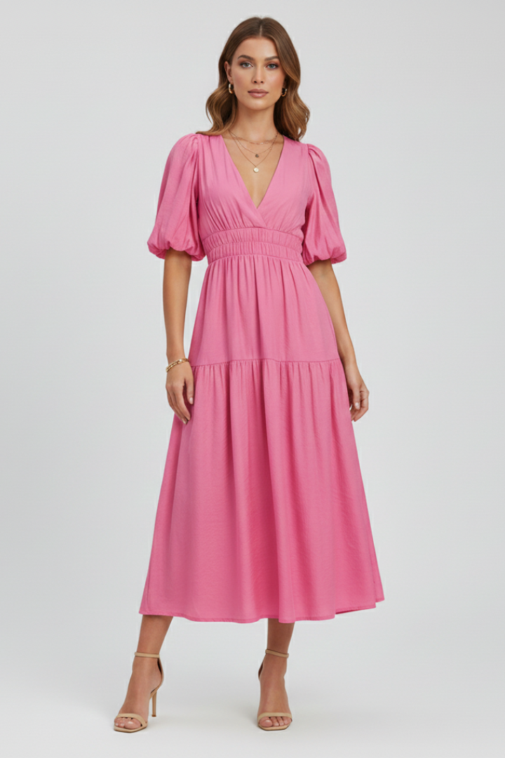 Stefania | Elegant Women's Midi Dress – A-Line, V-Neck, Puffy Sleeves