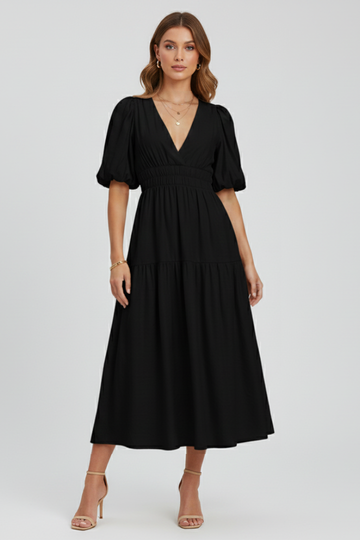 Stefania | Elegant Women's Midi Dress – A-Line, V-Neck, Puffy Sleeves