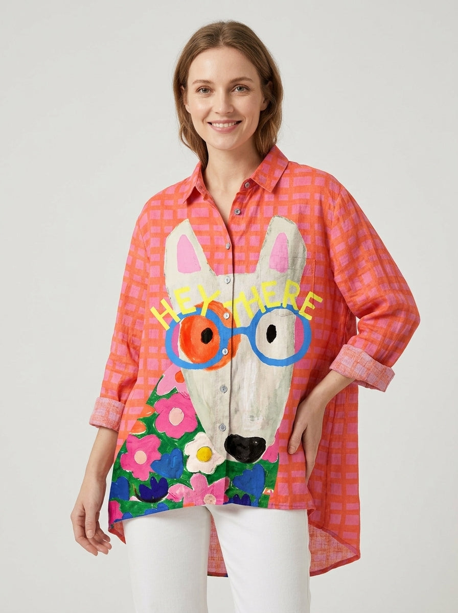 Ilyssia | Damska bluzka oversize z nadrukiem psa – długi rękaw, miękka bawełna, casualowy fason