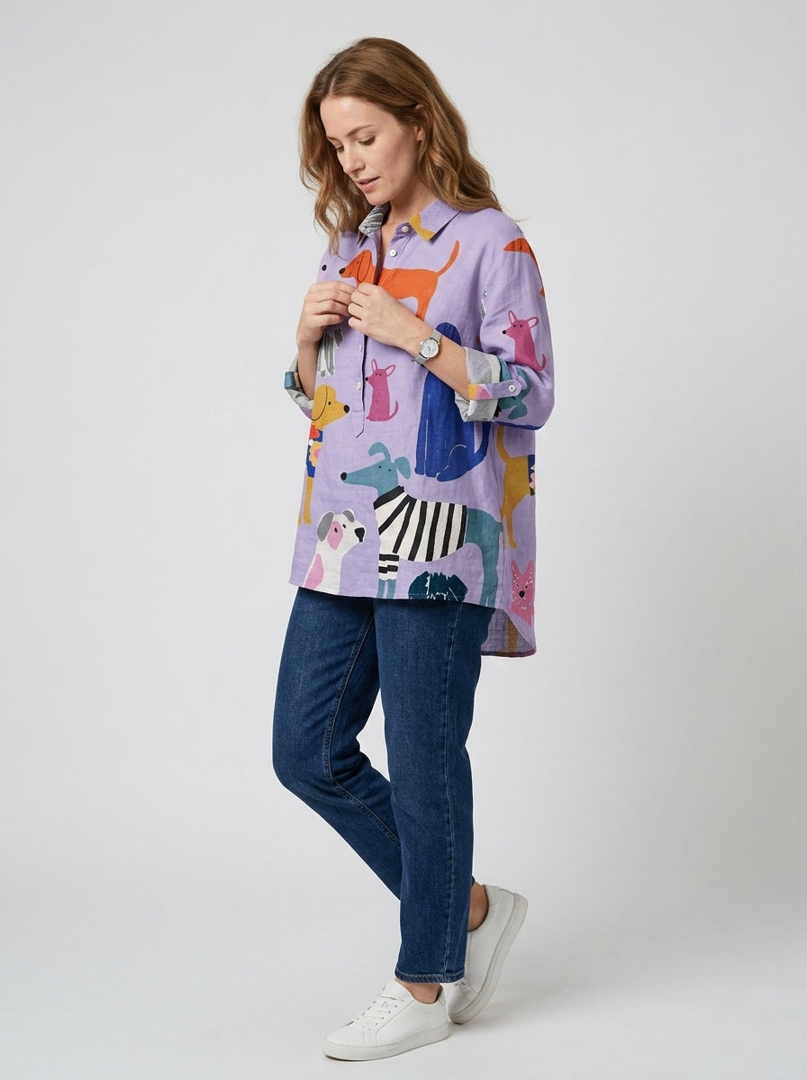 Ilyssia | Damska bluzka oversize z nadrukiem psa – długi rękaw, miękka bawełna, casualowy fason