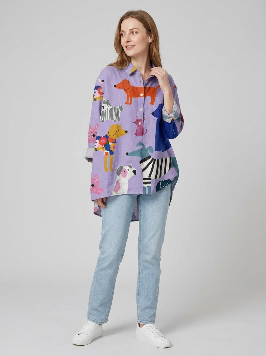 Ilyssia | Damska bluzka oversize z nadrukiem psa – długi rękaw, miękka bawełna, casualowy fason