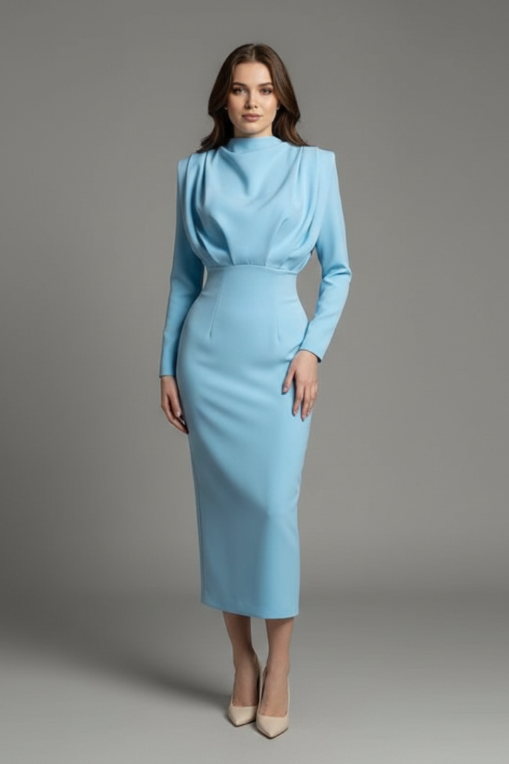 Faelina | Damska sukienka z długim rękawem – z wysokim kołnierzem, elegancka sylwetka midi