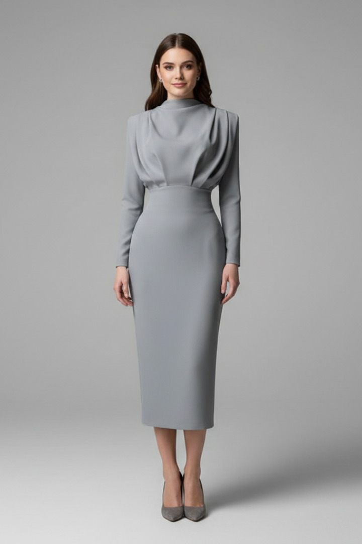Faelina | Damska sukienka z długim rękawem – z wysokim kołnierzem, elegancka sylwetka midi