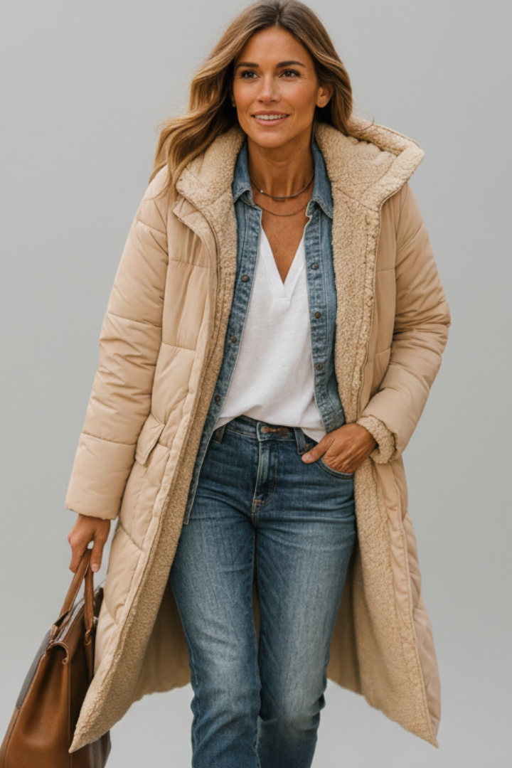 Bellamira | Women's long coat with a hood – zippered at the front, with long sleeves