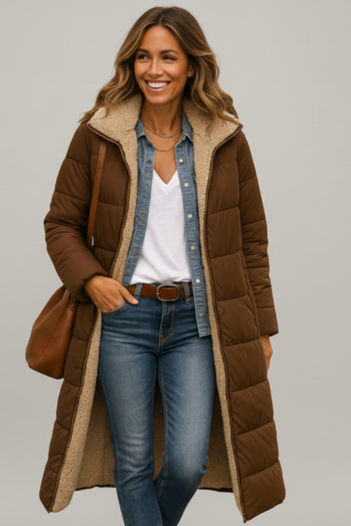 Bellamira | Women's long coat with a hood – zippered at the front, with long sleeves