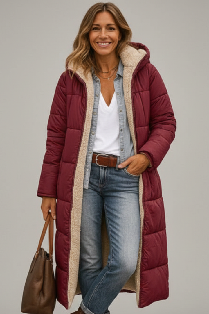 Bellamira | Women's long coat with a hood – zippered at the front, with long sleeves