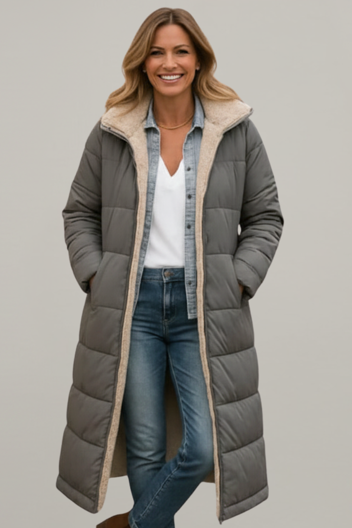 Bellamira | Women's long coat with a hood – zippered at the front, with long sleeves