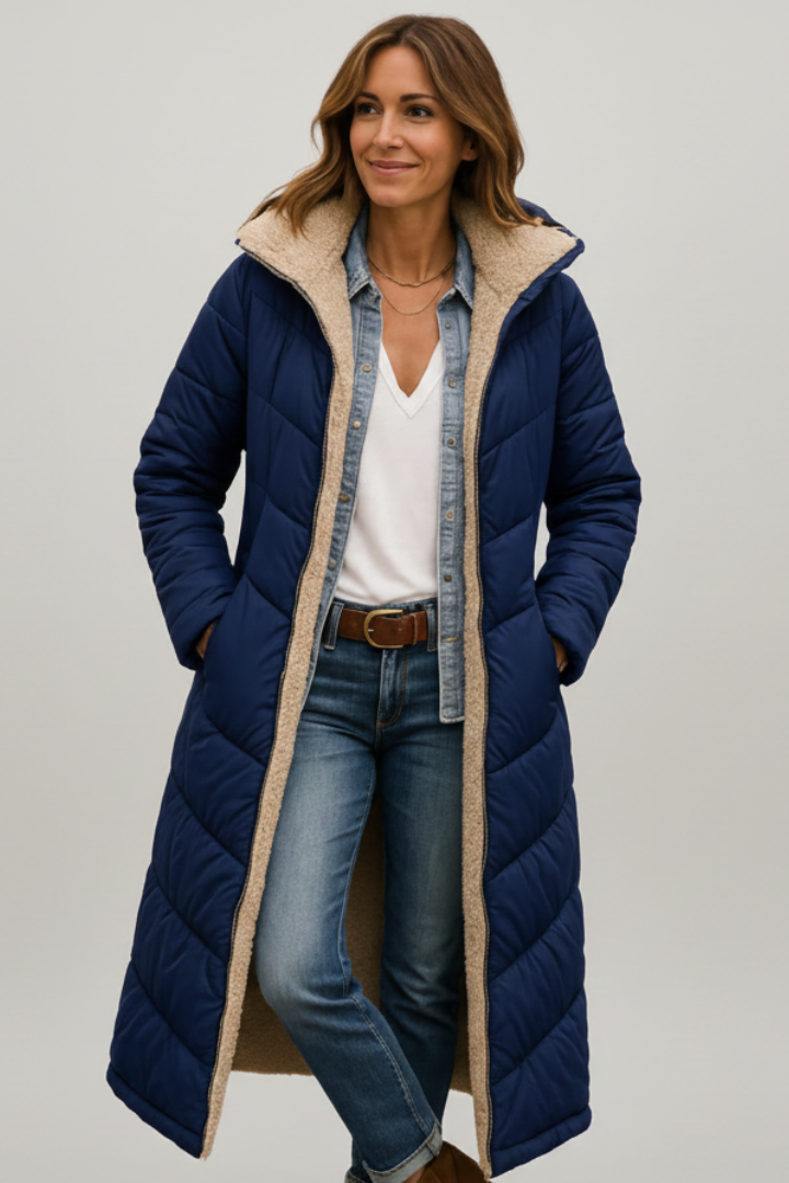 Bellamira | Women's long coat with a hood – zippered at the front, with long sleeves