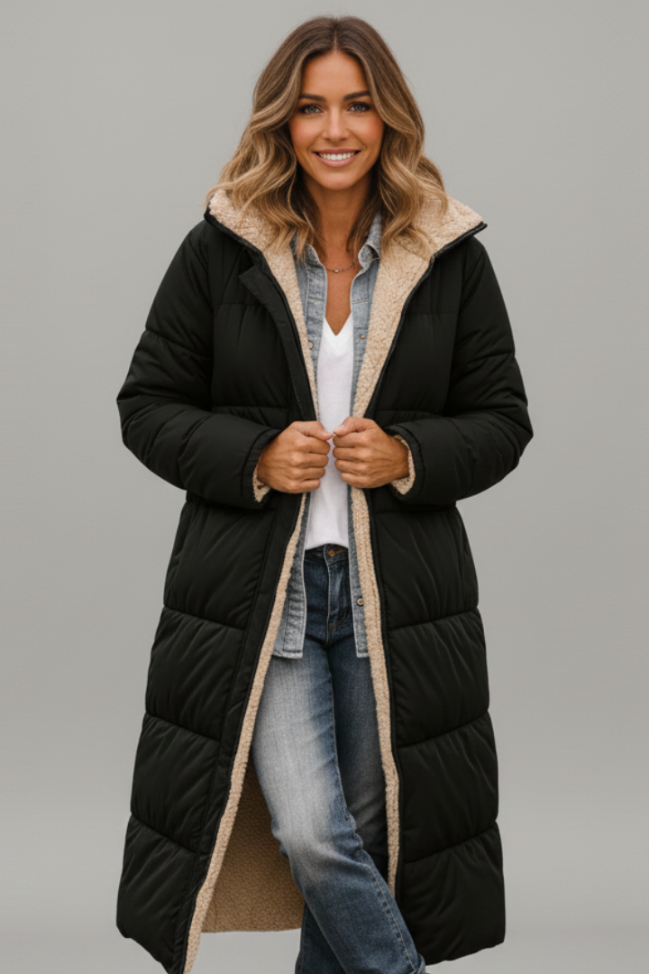 Bellamira | Women's long coat with a hood – zippered at the front, with long sleeves