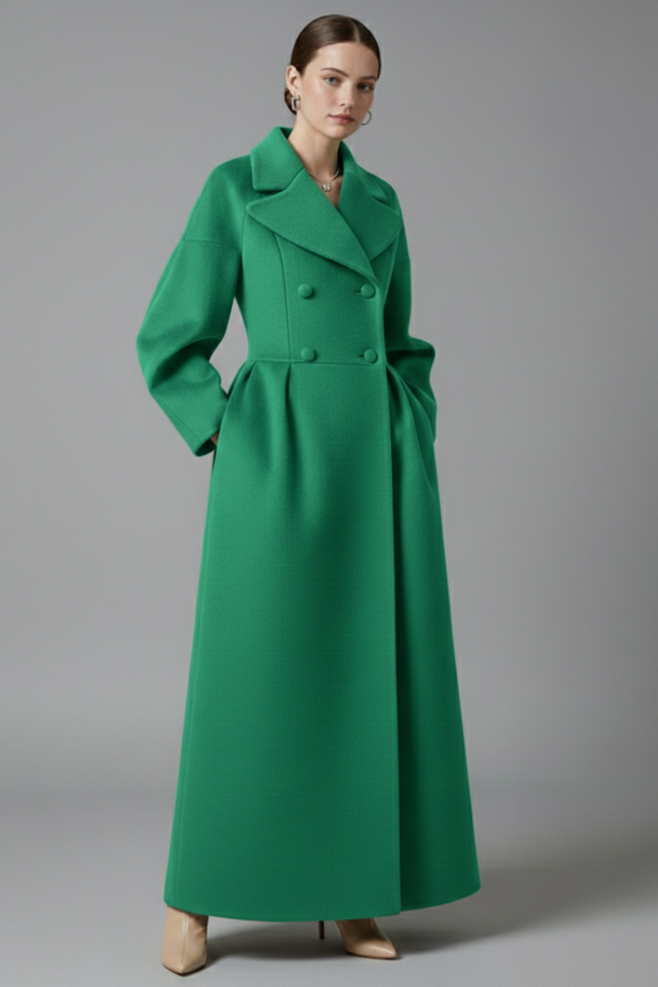 Adrianna | Damski elegancki długi płaszcz z kołnierzem typu lapel – klasyczny płaszcz midi
