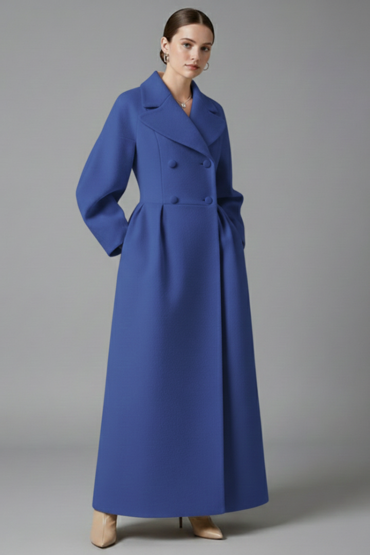 Adrianna | Damski elegancki długi płaszcz z kołnierzem typu lapel – klasyczny płaszcz midi