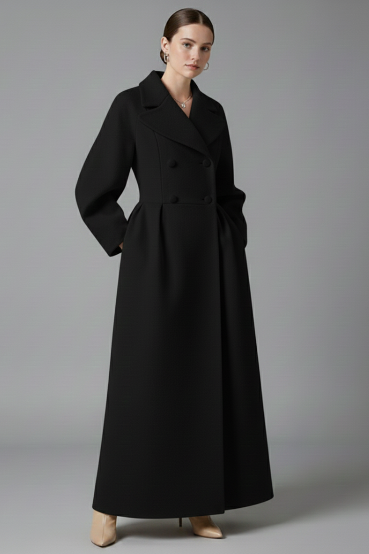 Adrianna | Damski elegancki długi płaszcz z kołnierzem typu lapel – klasyczny płaszcz midi