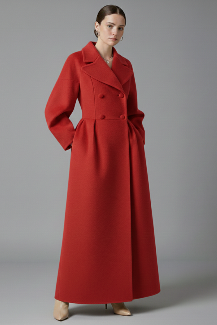Adrianna | Damski elegancki długi płaszcz z kołnierzem typu lapel – klasyczny płaszcz midi