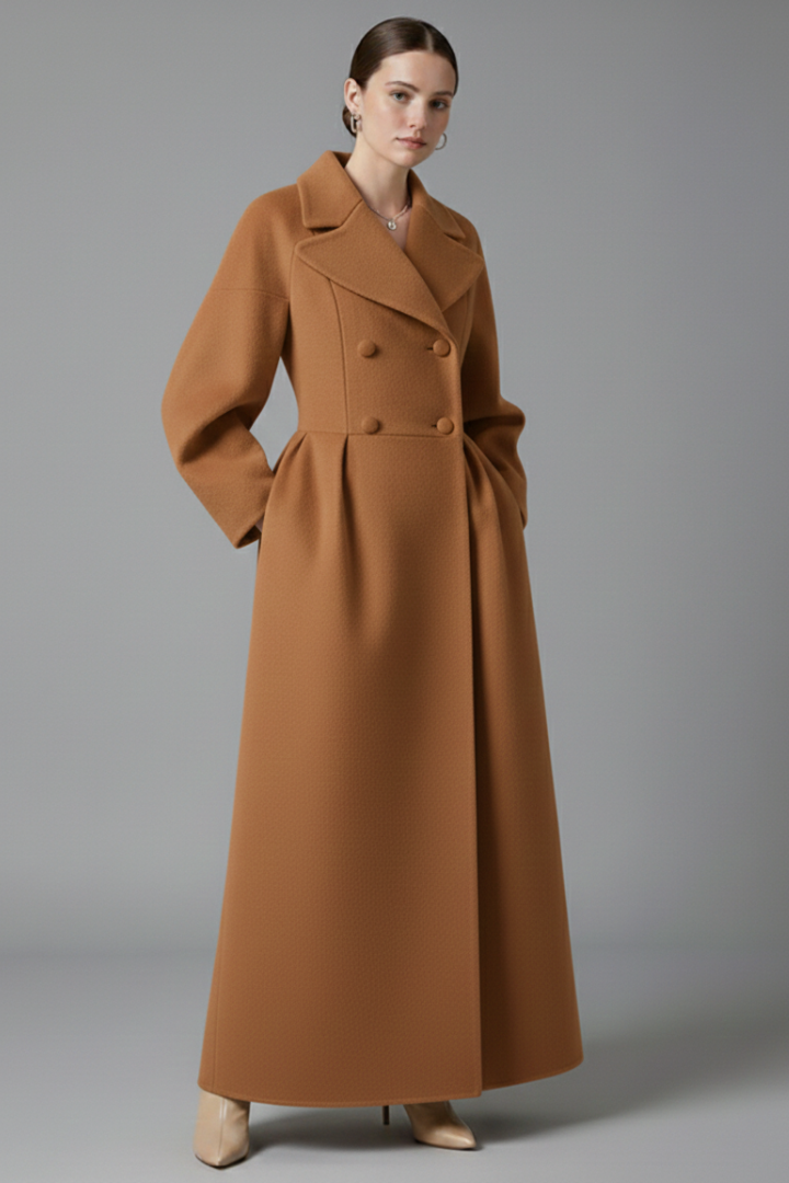 Adrianna | Damski elegancki długi płaszcz z kołnierzem typu lapel – klasyczny płaszcz midi