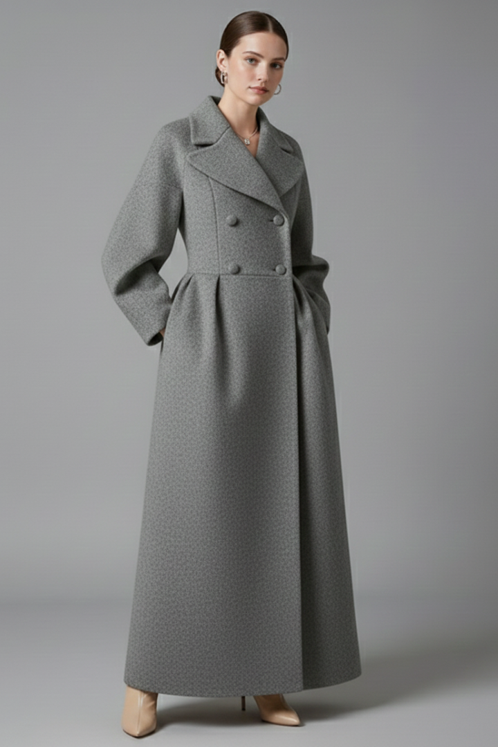 Adrianna | Damski elegancki długi płaszcz z kołnierzem typu lapel – klasyczny płaszcz midi
