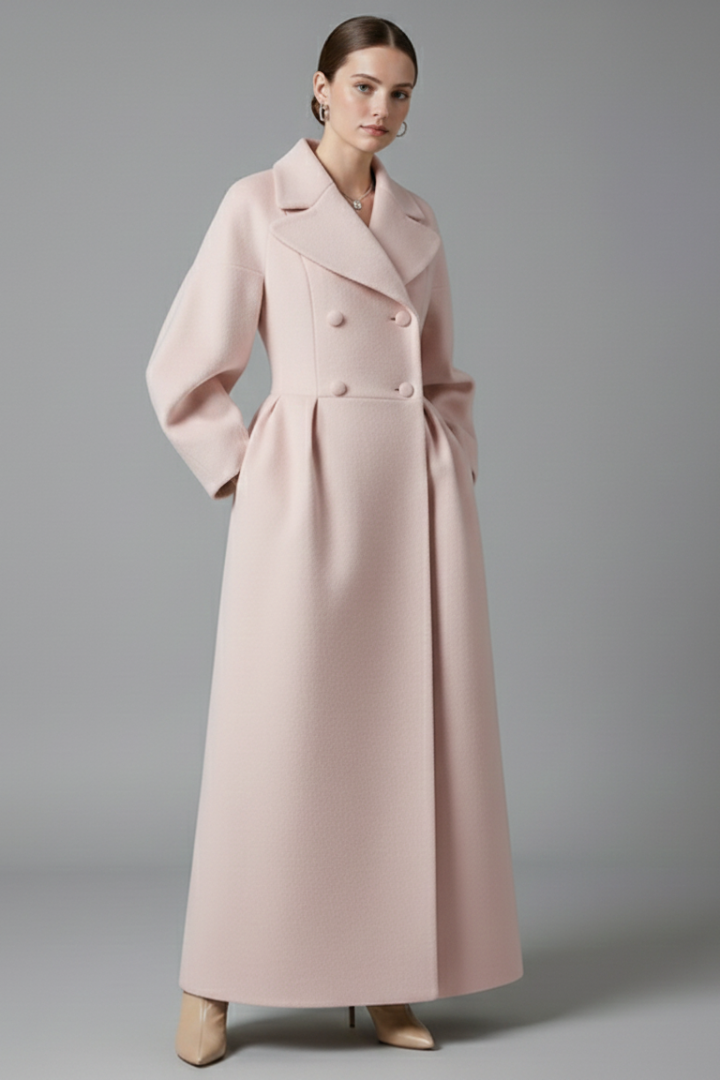 Adrianna | Damski elegancki długi płaszcz z kołnierzem typu lapel – klasyczny płaszcz midi