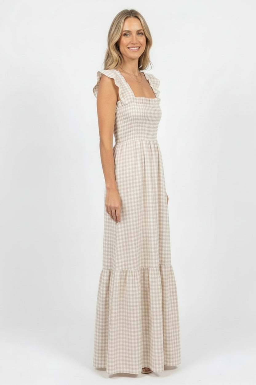 Sukienka damska w kratę boho maxi – letnia sukienka z marszczeniami w talii