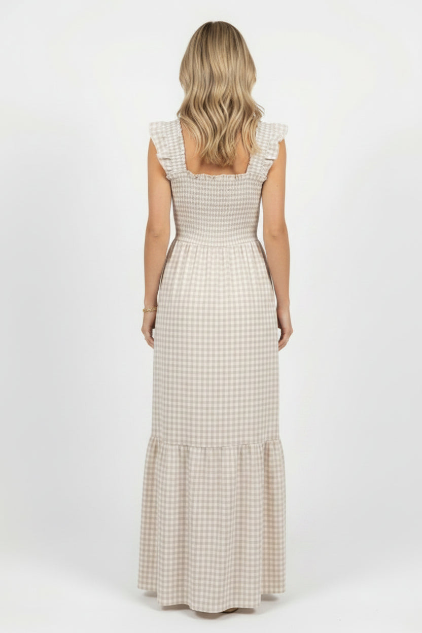 Sukienka damska w kratę boho maxi – letnia sukienka z marszczeniami w talii