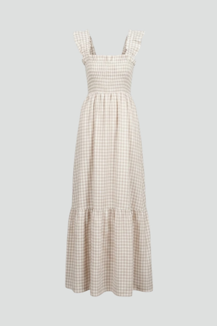 Sukienka damska w kratę boho maxi – letnia sukienka z marszczeniami w talii