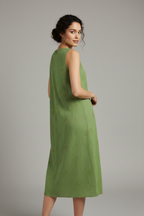 Women's A-line sleeveless midi dress - elegant silhouette with a round neckline