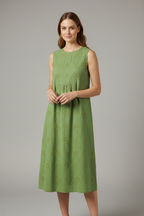 Women's A-line sleeveless midi dress - elegant silhouette with a round neckline