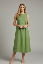 Women's A-line sleeveless midi dress - elegant silhouette with a round neckline