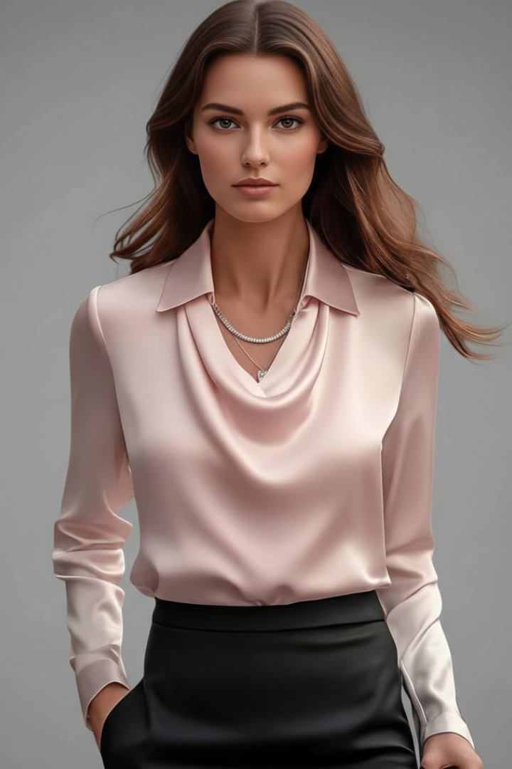Melusine | Women's satin blouse – draped collar, long sleeves and loose fit