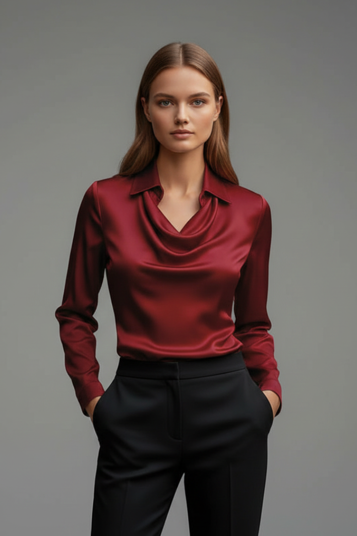 Melusine | Women's satin blouse – draped collar, long sleeves and loose fit