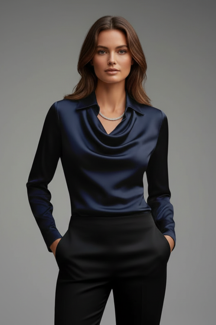 Melusine | Women's satin blouse – draped collar, long sleeves and loose fit