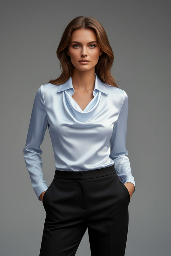 Melusine | Women's satin blouse – draped collar, long sleeves and loose fit