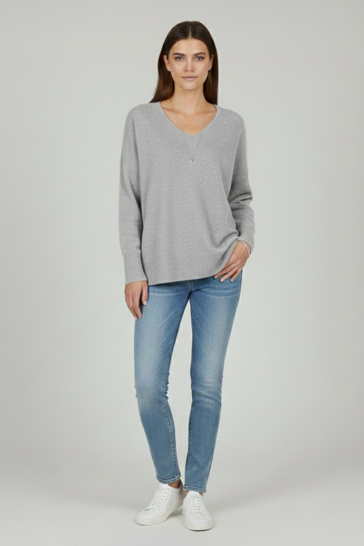 Sadie | Damski sweter z dzianiny szczotkowanej z dekoltem w serek – luźny krój, długi rękaw
